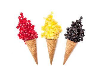 Various of ice cream flavor in cones  frozen berries mango, pineapple,  red and black currant on...