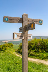 A directional signpost along the South Downs Way in Sussex
