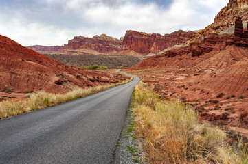 Scenic Drive in Capitol Reef National Park. The incredible sandstone geological formations feature layers of golden sandstone, canyons and striking rock formations. Capitol Reef National Park.
