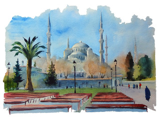 Watercolor painting. Urban landscape of the old mosque in Istanbul.