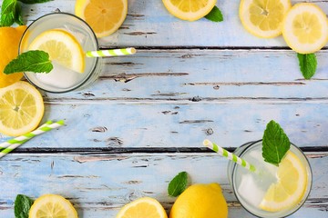 Sweet summer lemonade. Top view frame with lemons and mint on a rustic blue wood background.