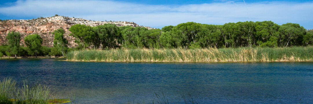 Lagoon, marsh, trees, and cliff at Dead Horse Ranch State Park in Cottonwood, Arizona