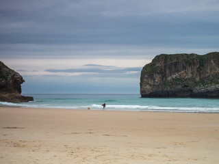 Solitary surfer going to surf on a beach