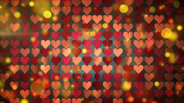 Array of heart shapes and falling stars. Abstract romantic motion background. Seamless loop 3D render animation 4k UHD 3840x2160
