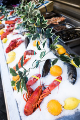 Lobsters and seafoods  on ice