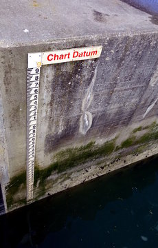 Tide Gauge Or Tide Staff On A Harbour Wall, Showing Chart Datum, Used By Boats To Determine Water Depth