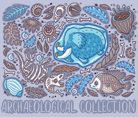 Collection of cartoon Triceratops fossil, mammoth in ice, ancient ammonites ferns, trilobite, leaves and rocks.