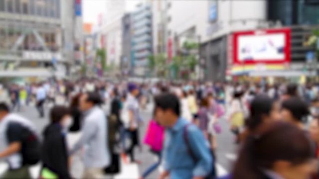Blurred video of people walking the Shibuya crossing, probably the busiest pedestrian crossing in the world, Tokyo, Japan
