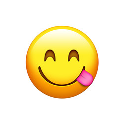 Isolated yellow smiley, tasting food face with tongue out icon