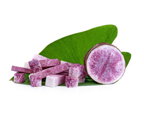 stick and cube of taro root isolated on white background