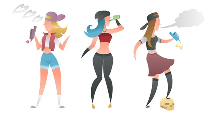 Fototapeta na wymiar Set of vector isolated cartoon characters of girls modern smoking vape
