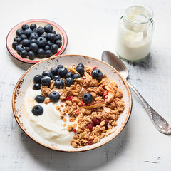 Bowl of granola with yogurt and fresh berries