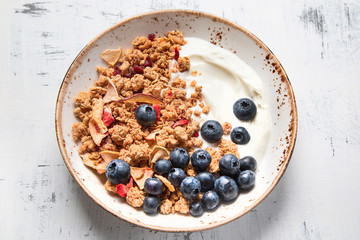 Bowl of granola with yogurt and fresh berries