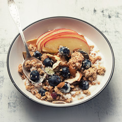 Bowl of granola with yogurt and fresh fruits