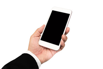 Hand wearing black business suit holding white smartphone. Isolated on white background.