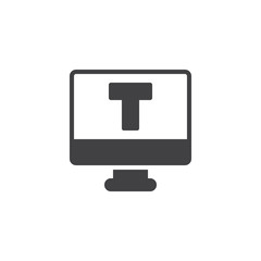 Letter T on computer monitor vector icon. filled flat sign for mobile concept and web design. Font solid icon. Symbol, logo illustration. Pixel perfect vector graphics