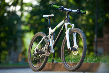 Fototapeta na wymiar Mountain bike parked near paved roadside in green sunny park. Conept of healthy lifestyle, outdoor activities, training, fitness.