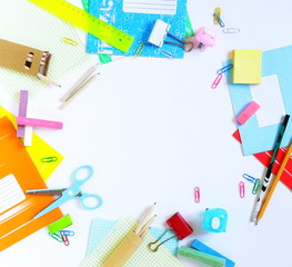 Back to school background. Items for the school on a table. school supplies frame. Flat lay. Copy space. Top view