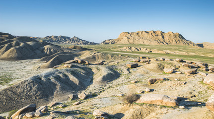 Panorama view of relief mountains in a steppe arid region