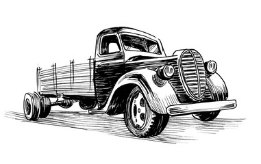 Vintage American truck. Ink black and white illustration