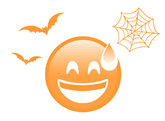 Orange scary and spooky face flat icon with flying bat and spider net