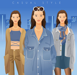 Body Template with Outfits and Accessories : Women in Casual Look Standing in City Background : Vector Illustration