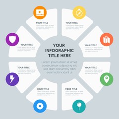 Fototapeta premium Circle chart location, security, video, photos infographic template with 8 options for presentations, advertising, annual reports