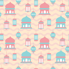 Mosque, lamp, arabic cute pop color. A playful, modern, and flexible pattern for brand who has cute and fun style. Repeated pattern. Happy, bright, and magical mood.