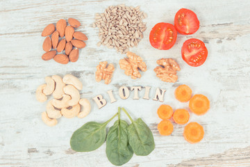 Inscription biotin wiyh nutritious products containing vitamin B7 and dietary fiber, healthy nutrition