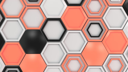 Abstract 3d background made of black, white and red hexagons on white background