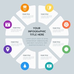 Circle chart location, security, video, photos infographic template with 8 options for presentations, advertising, annual reports