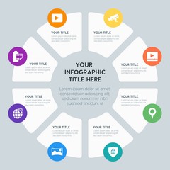 Circle chart location, security, video, photos infographic template with 8 options for presentations, advertising, annual reports