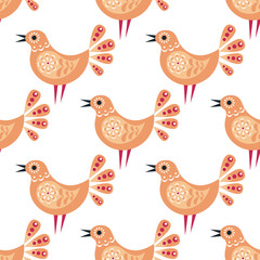 Decorative seamless pattern in folk style with bird. Colorful vector background.