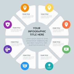 Circle chart location, security, video, photos infographic template with 8 options for presentations, advertising, annual reports