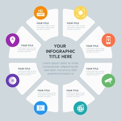 Circle chart location, security, video, photos infographic template with 8 options for presentations, advertising, annual reports