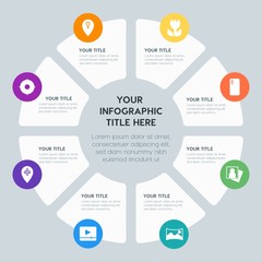 Circle chart location, security, video, photos infographic template with 8 options for presentations, advertising, annual reports