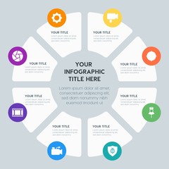Circle chart location, security, video, photos infographic template with 8 options for presentations, advertising, annual reports