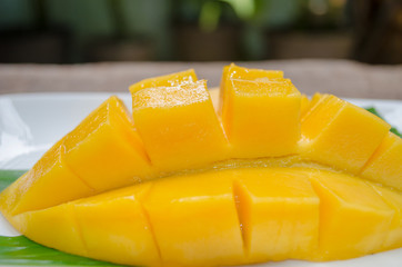 Ripe mango arranged in a white dish.