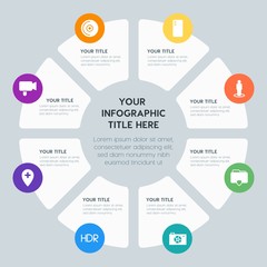 Fototapeta premium Circle chart location, security, video, photos infographic template with 8 options for presentations, advertising, annual reports