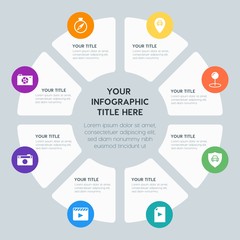 Circle chart location, security, video, photos infographic template with 8 options for presentations, advertising, annual reports