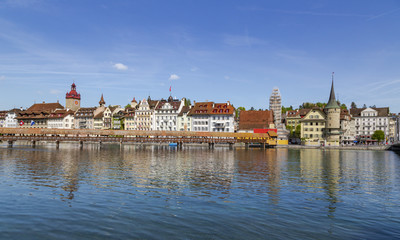 Chapel bridge famous place on lake Luzern with blue sky in Luzern, Switzerland, Europe.