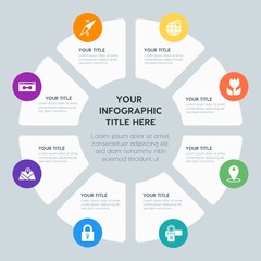 Circle chart location, security, video, photos infographic template with 8 options for presentations, advertising, annual reports