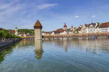 Chapel bridge famous place on lake Luzern with blue sky in Luzern, Switzerland, Europe.