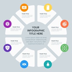 Circle chart location, security, video, photos infographic template with 8 options for presentations, advertising, annual reports