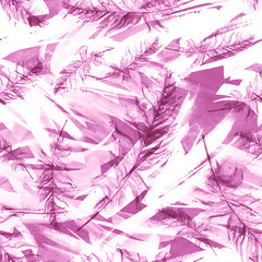 Seamless watercolor abstract background with beautiful pink, purple, lilac feathers drawings. Vintage illustration with an abstract pink paint glue. For textiles, material,wallpapers and other design.