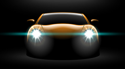 realistic yellow sport car view with unlocked headlights in the dark