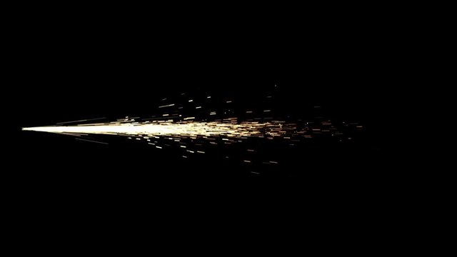 Animated top view of bursting sparks as if cutting metals. With motion blur and against black background, isolated and mask included.