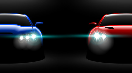 Obraz na płótnie Canvas realistic red blue two sport car view with unlocked headlights in the dark