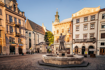 Neptune fountain on Market square in Lviv, Ukraine