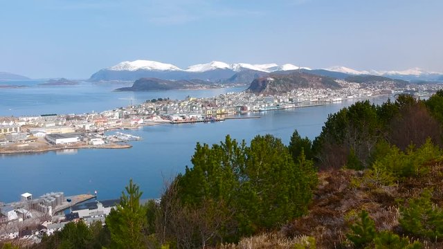 Beautiful scenery of west Norway coastline from the Sukkertoppen hill (Sugar Loaf Top)